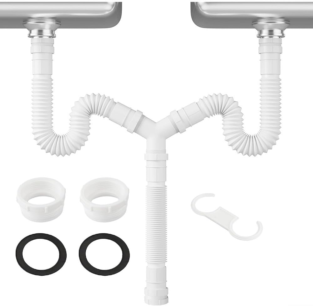 general Double Bowl Sink Waste Kit and Half Bowl Trap Kit - Multi-Fit 1.1/2" From 20cm To 80cm Double Bowl P Trap Kit with Washing Machine Waste Splitter, Sink Waste Kit BS EN Water Seal