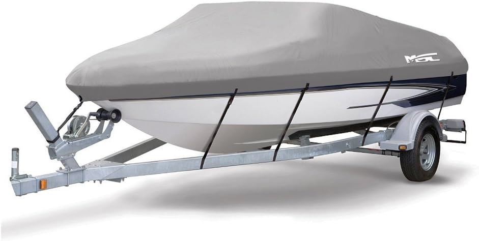 MSC Heavy Duty 600D Marine Grade Polyester Canvas Trailerable Waterproof Boat Cover,Fits V-Hull,Tri-Hull, Runabout Boat Cover (Model B - Length:14'-16' Beam Width: up to 90", Gray)
