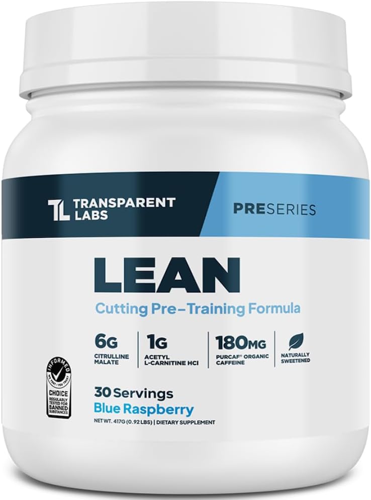 Transparent Labs Lean Pre-Workout - Body Recomposition Pre Workout for Men and Women with Acetyl L-Carnitine, Beta Alanine Powder, & PurCaf Organic Caffeine Powder - 30 Servings, Blue Raspberry