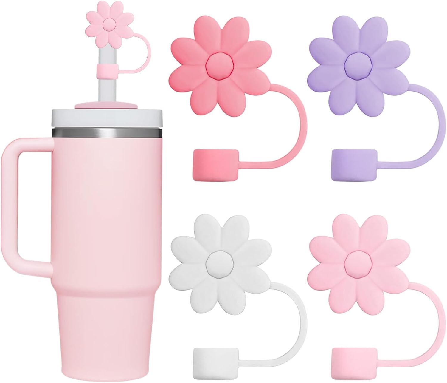 YISCOKO Stanley Cup Accessories Flower Straw Covers Toppers-4PCS Silicone Stanley Straw Topper,Straw Toppers,Straw Cover Cap for Stanley Cup 10mm 0.4in Straws,Four Colors.