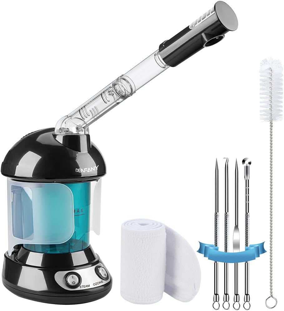 Facial Steamer - DENFANY Nano Ionic Face Steamer with Extendable 360° Rotating Arm - Portable Facial Steamer for Personal Care at Home or Salo (Black)