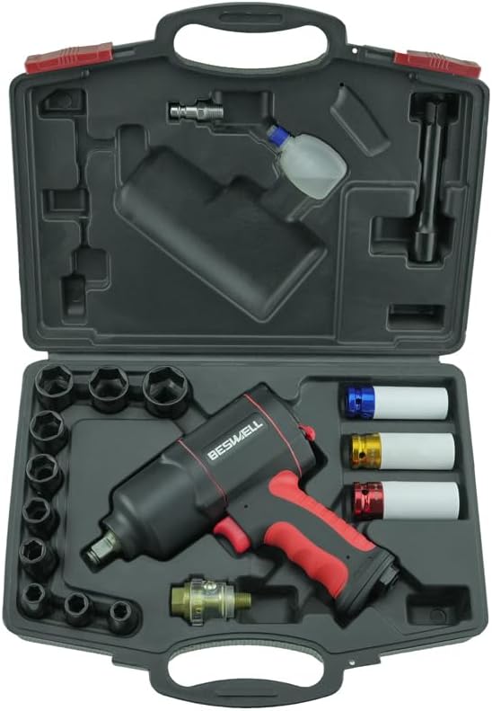 BESWELL® AKP-01N -1/2-Inch Air Impact Wrench-1180 Foot-Pounds Max Loosen Torque Output-Well Balanced Lightweight Includes 11Pieces CR-V SAE Impact Sockets & 3pcs Metric Deep Socket & Carrying Case