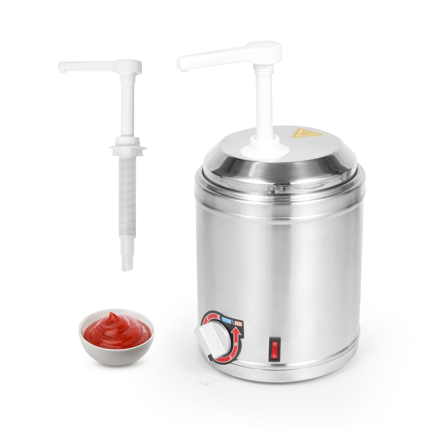 Restlrious Hot Fudge Dispenser with Plastic Pump, 2.6 QT Electric Stainless Steel Round Sauce Warmer with Temp Control, Nacho Cheese Pump Dispenser for Commercial Buffet, Cake Shop & Kitchen,110V/200W