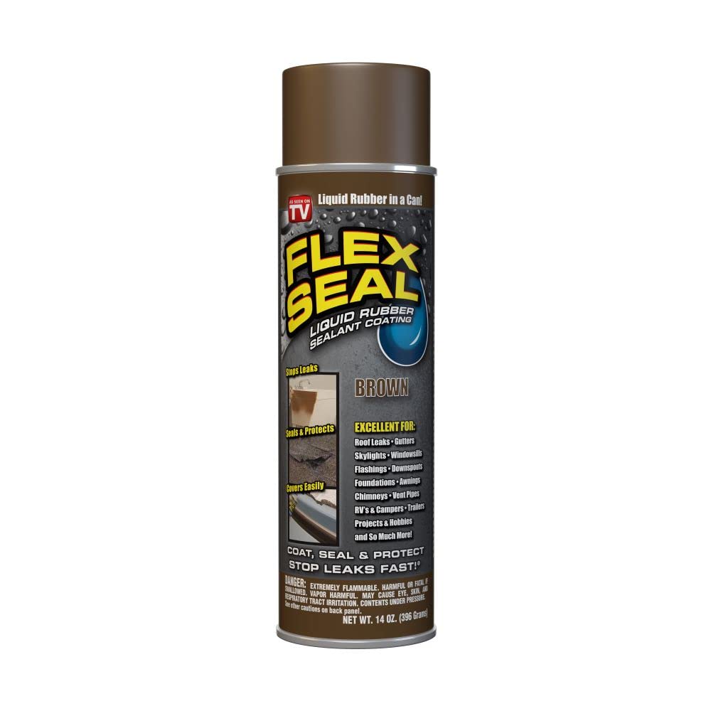 Flex Seal, 14 oz, Brown, Stop Leaks Instantly, Waterproof Rubber Spray On Sealant Coating, Perfect for Gutters, Wood, RV, Campers, Roof Repair, Skylights, Windows, and More