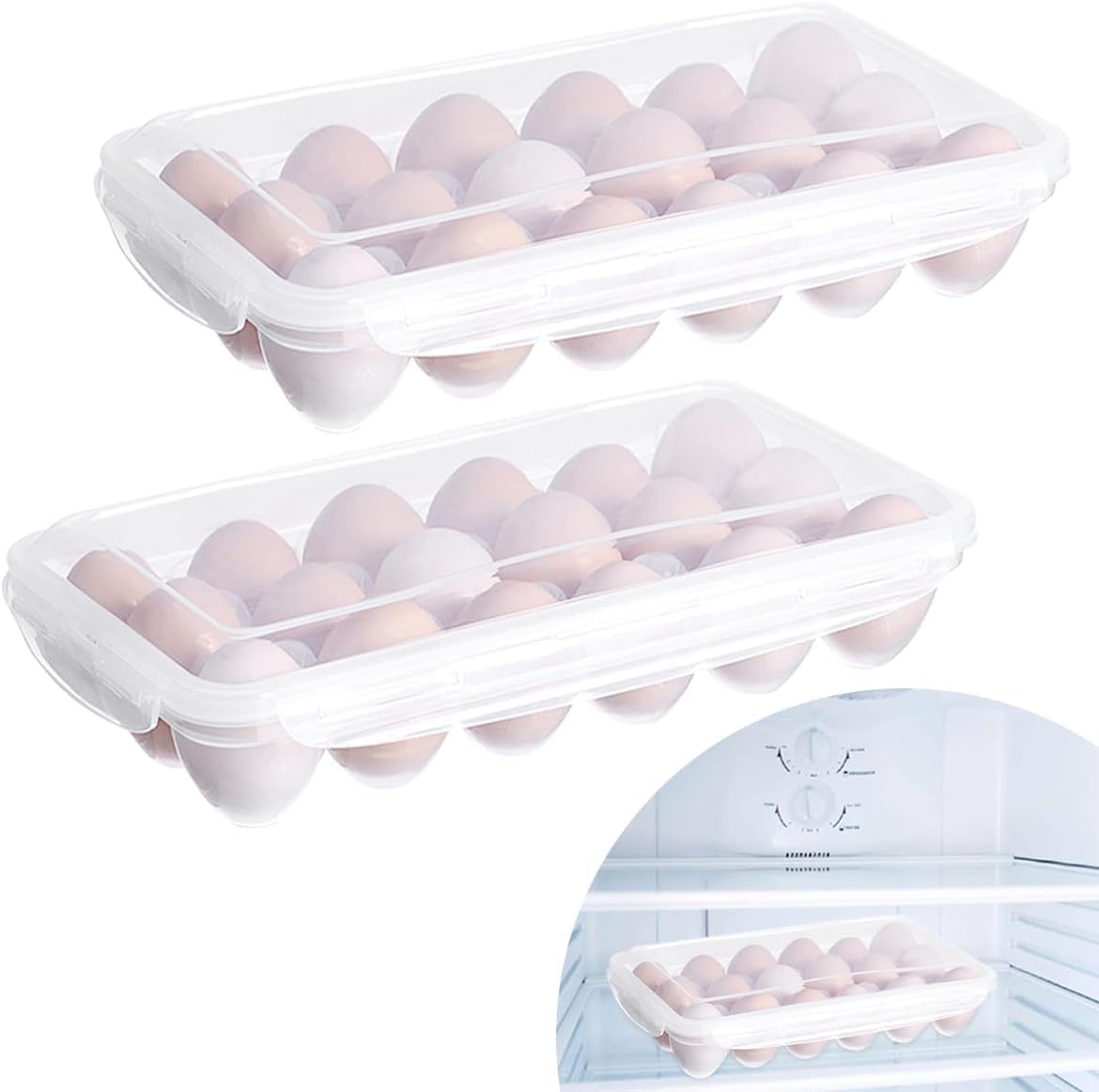 2 Pack Egg Holder, Fridge Storage Containers, Egg Storage for Kitchen Fridge Organisers, Clear Airtight Egg Boxes Keep Eggs Fresh, Egg Dispenser for Fridge with Lids Fits 18 * 2 Eggs(36 Eggs）