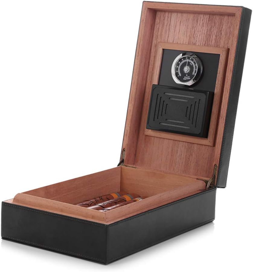 Cigar Humidor, MEGACRA Leather Surface Handmade Real Solid Spanish Cedar Wood Lined Cigar Desktop Box with Hygrometer and Humidifier, Hold 20-30 Cigars