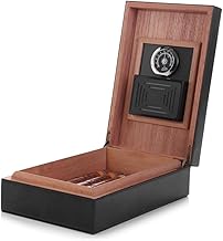 Cigar Humidor, MEGACRA Leather Surface Handmade Real Solid Spanish Cedar Wood Lined Cigar Desktop Box with Hygrometer and Humidifier, Hold 20-30 Cigars