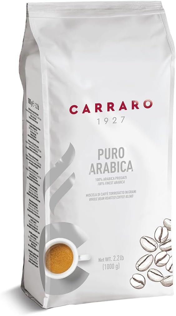 CARRARO 1927 Puro Arabica, 100% Arabica Coffee Beans 1kg(Pack of 1)- Medium Roast Whole Roasted Coffee Beans - Intensity 5/10, Artisan Espresso, Velvety Smooth with Fruit & Flower Aroma, Made in Italy