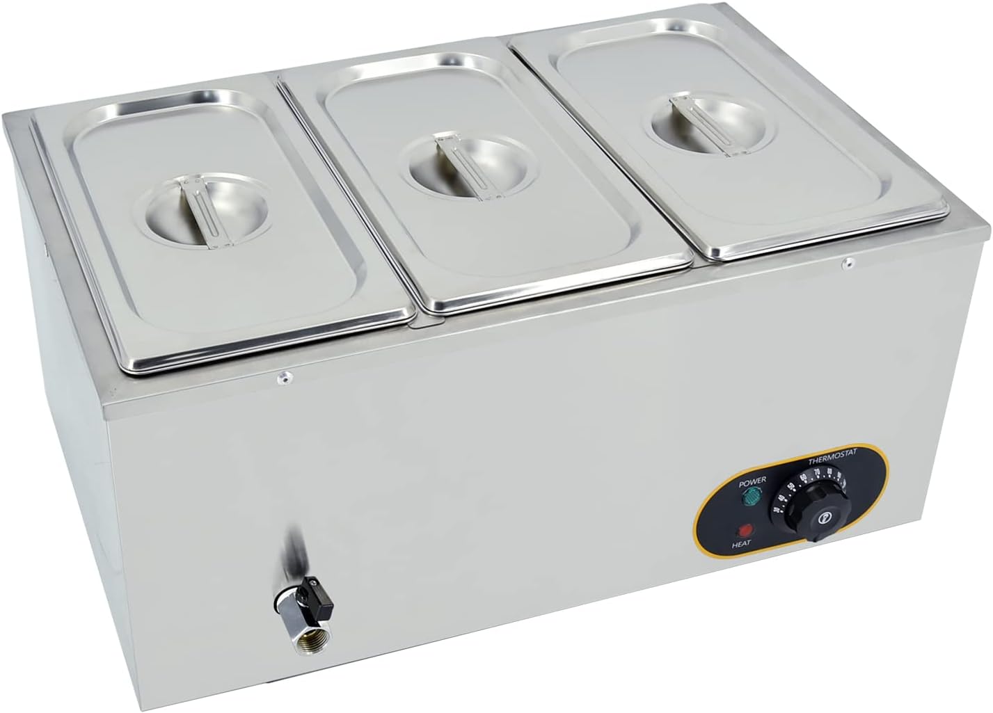 Commercial Bain Marie, 1500W Electric Food Warmer Stainless Steel Steam Table Temperature Control with Covers, Drain Tap, GN 1/3 Containers -150mm x3