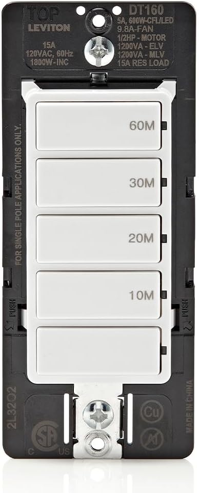 Leviton DT160-1LW Countdown Timer Switch for bathroom household lights, 10-20-30-60 min, No Neutral Required, Single Pole, 15A, 1/2HP/9.8A Fan/Motor, White, 15 Amp