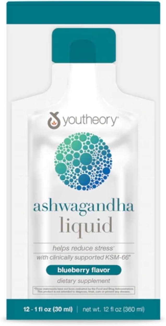 Youtheory Ashwagandha Liquid - Uses KSM-66 - Ashwagandha Supplement to Support Stress Relief* - Vegan - Dairy, Soy & Gluten Free - 12 Single-Serving Packets