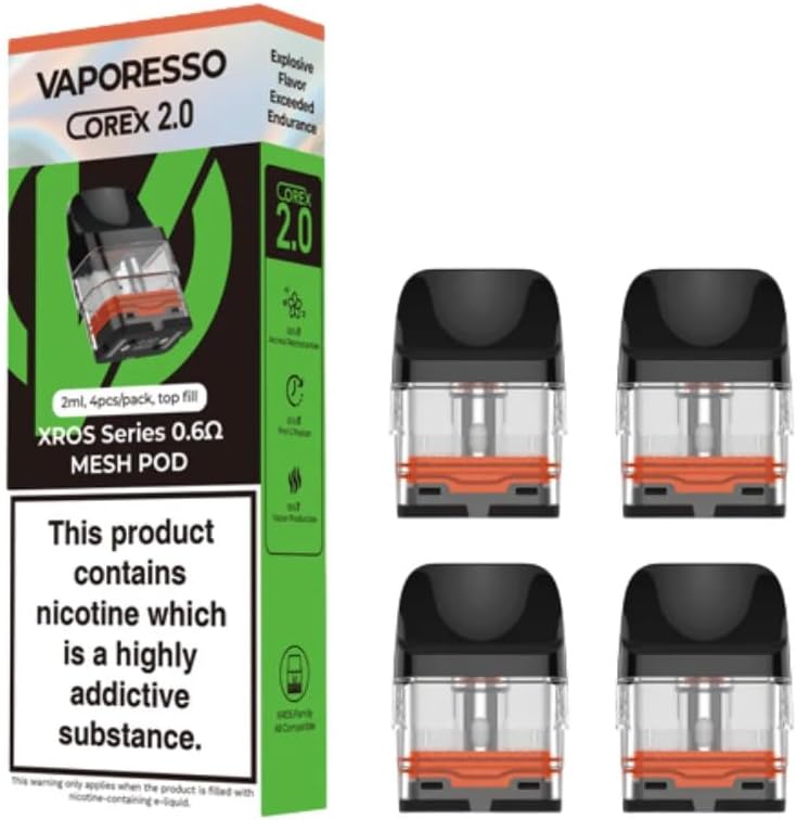 Vaporesso Xros Replacement Pods, 0.6 Ohm, Integrated Coils, Corex 2.0, Compatible with Xros3, Xros3 Mini, Xros4, Xros4 Mini, Xros5, Xros5Mini, Vaporesso Vaping Pods, Refillable, Pack of 4, No Nicotine