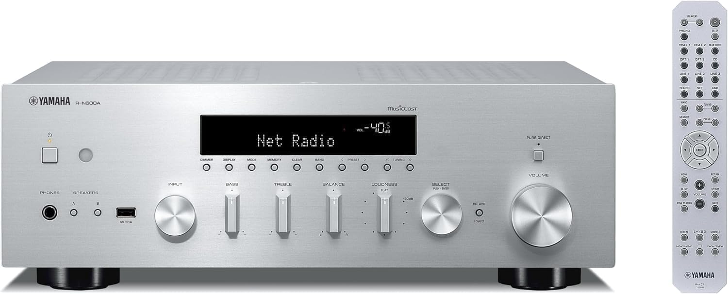 Yamaha R-N600A Hi-Fi Network Receiver with MusicCast and Wireless Streaming, Silver, Hi-Res Audio, SABRE DAC, Pure Audio Fidelity