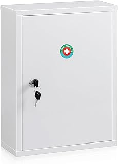 KYODOLED Wall Mount Medicine Cabinet, Large Capacity First Aid Wall Cabinet for Bathroom, Locking Medicine Cabinet with Key, Secure Steel Lock Box for Medication, White
