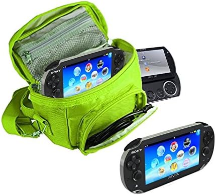Orzly® - GAME & CONSOLE TRAVEL BAG for Sony PSP Consoles (GO/VITA/1000/2000/3000) Has Special Compartments for Games & Accessories. Bag includes Shoulder Strap + Carry Handle + Belt Loop - GREEN