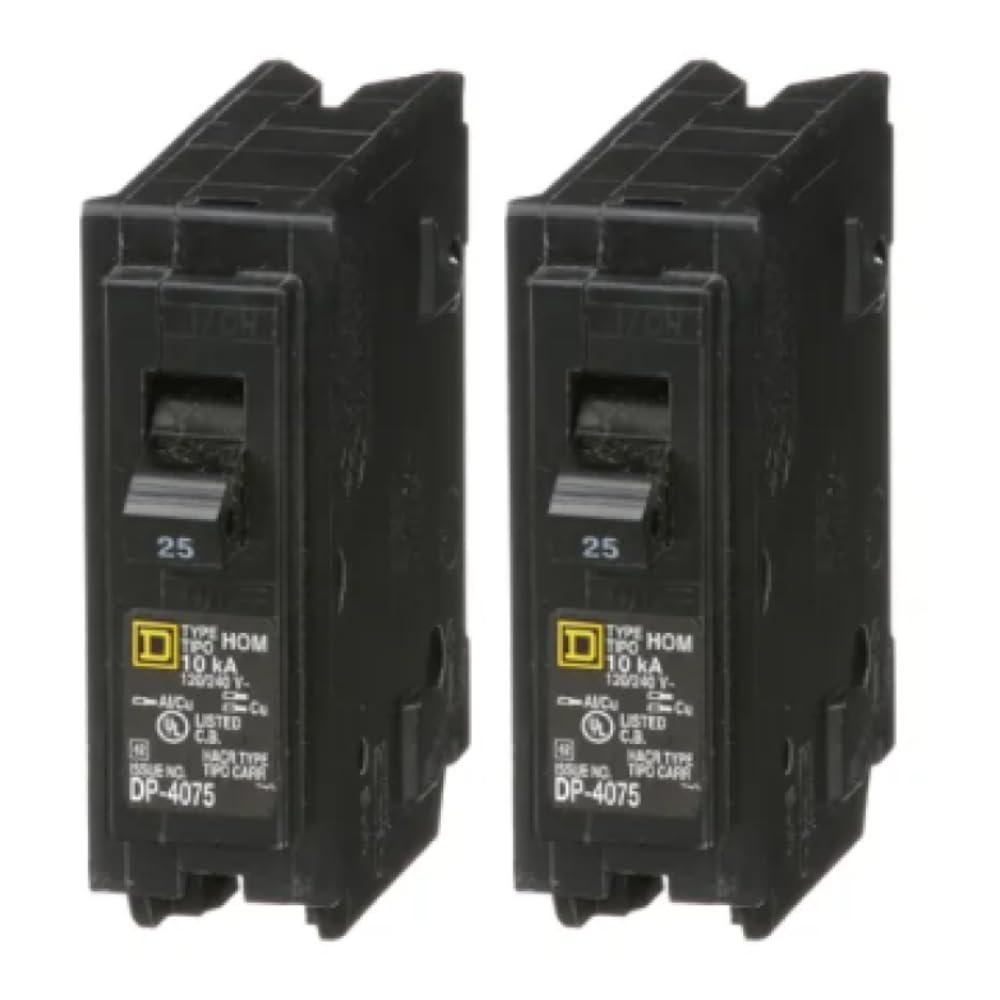 Square D HOM125 25 Amp (25A) Genuine Single Pole (1 Pole) Homeline Circuit Breaker, 120/240V AC, 10kAIC, Plug-in Mount for Homeline Load Centers, New Replacement Breaker – Pack of 2