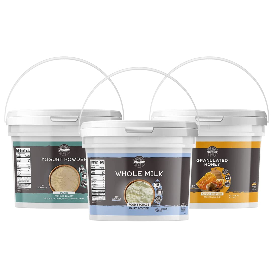 Birch & Meadow Pantry Storage Staples Bundle, Dried Whole Milk, Granulated Honey, Yogurt Powder, 1 Gallon Buckets