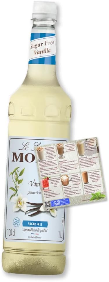 Monin Vanilla Sugar Free Coffee Syrup 1L for Coffee and Cocktail | Premium with Natural Flavours and Colourings | Vegetarian-Friendly | Zero Sugar | Includes Drink Recipe