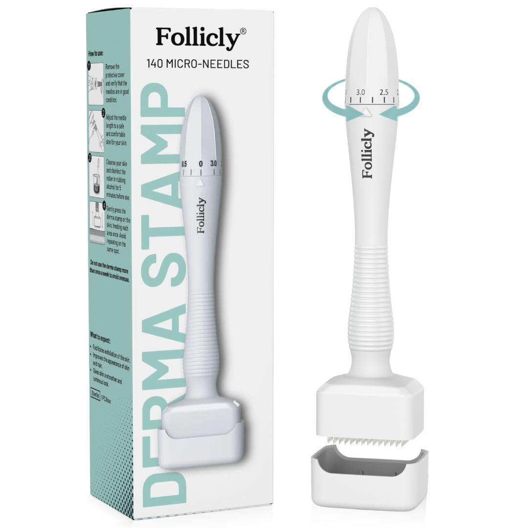 Follicly Derma Stamp – Professional Microneedling Tool for Hair, Beard, and Skin Care – 140 Titanium Micro Needle Stamp for Home Use – for Men & Women