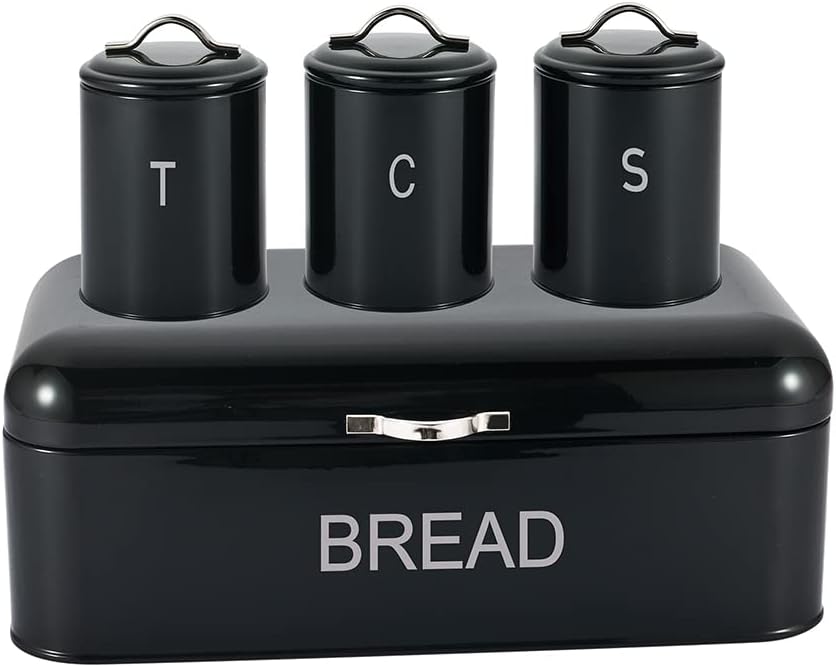 Stainless Steel 4pc Bread Bin Set Kitchen Tea Sugar Coffee Jar Bin Canister (Black)