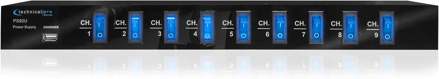 Technical Pro Power Supply Strip - 9 Power Outlet with Switches, 5V USB Charging Port, 1800 Watts Max Load Power Conditioner, High Load Power Electric Extension Cord Strip - 4 Ft