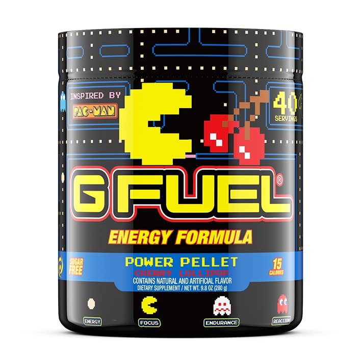 G Fuel Pac-Man Energy Drink Powder, Pre Workout Caffeine Mix for Gaming, Sugar Free Focus Amino, Vitamin + Antioxidants, 9.8oz (Cherry Lollipop, 40 Servings)