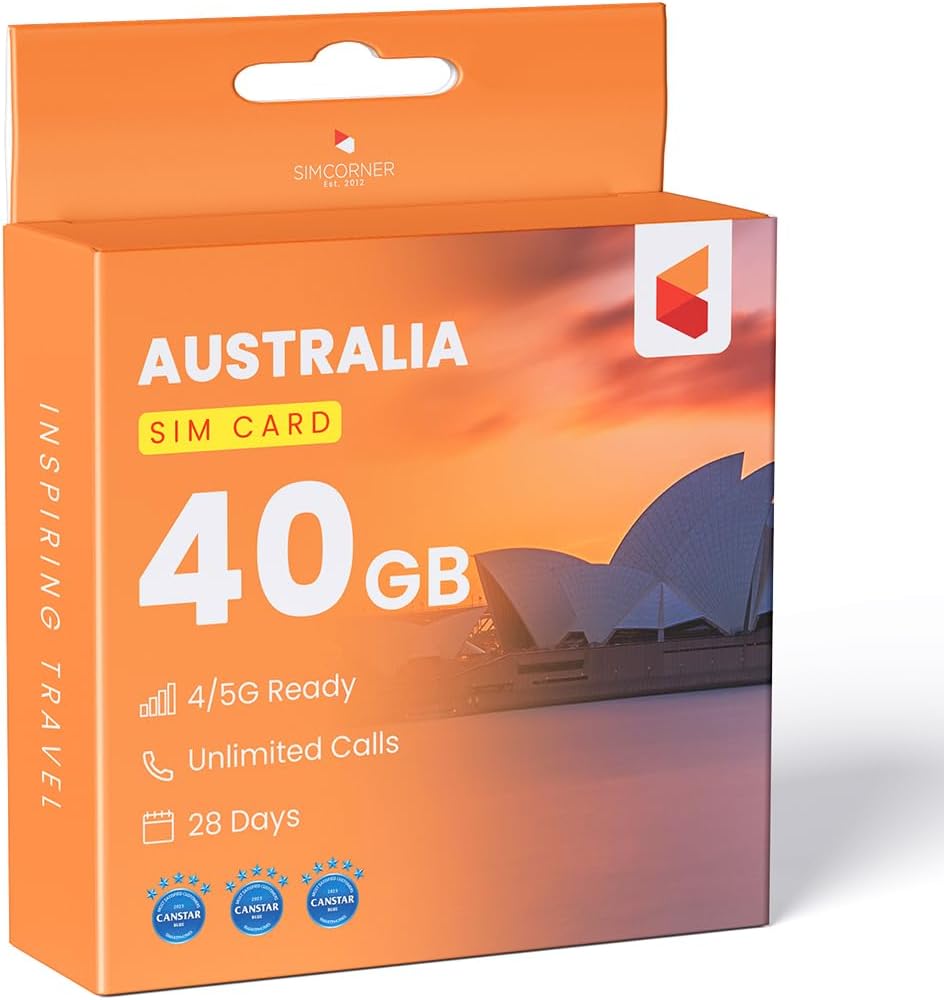 Australia SIM Card (40 GB, 28 Days) - Optus Prepaid SIM Card w/Unlimited Minutes & SMS to Australian Mobiles- 3-in-1 4G Hotspot Card w/Tethering- Standard, Micro, & Nano SIM Card For Unlocked Phones