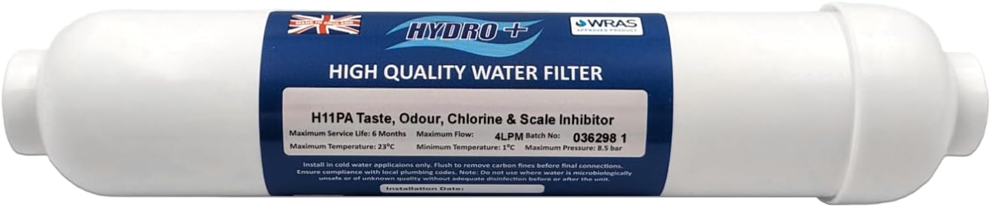 Hydro+ H11PA Inline Fridge Water Filter & Scale Inhibitor | Activated Carbon Fridge, Cooler & Tap Filter | 1/4" Push Fit Filter Cartridge | Samsung, LG, GE, Bosch, Daewoo, Neff, Siemens