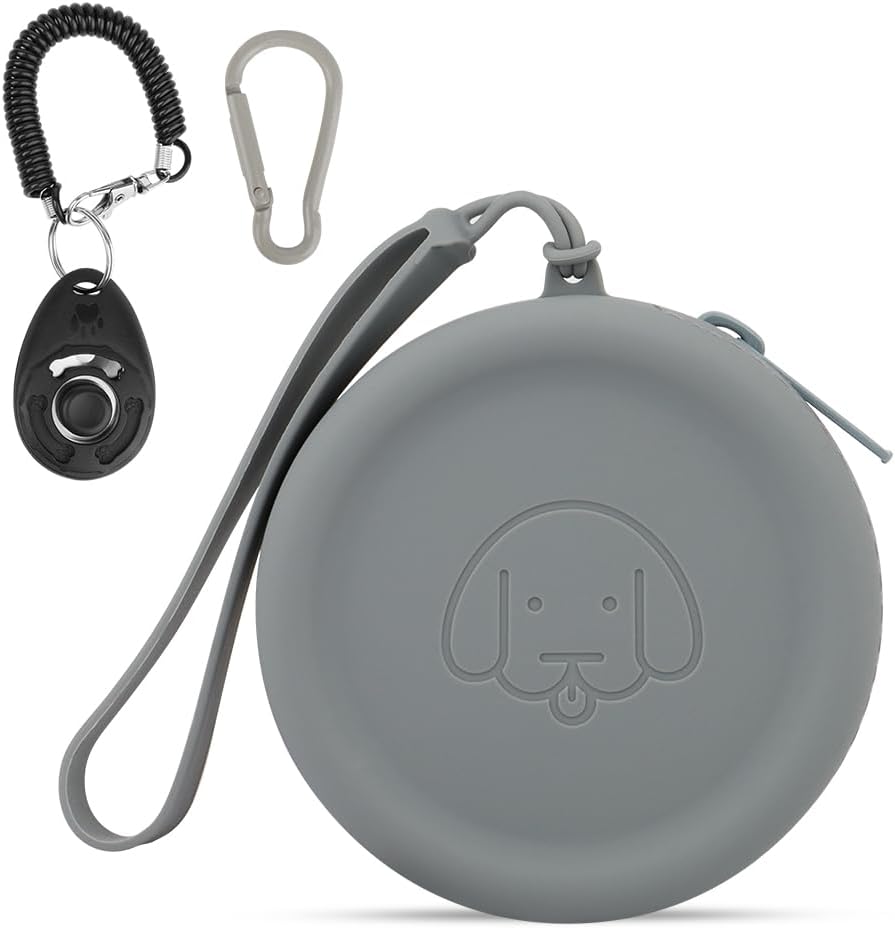 WALLFID Silicone Dog Treat Pouch Small Bag,with Pet Training Clicker,Walking Bag for Dog and Cat, Pocket Size, Easy to Clean, Odorless, Zipper Design,Moisture-Proof,Travel Walking Bag.(Dark Gray)