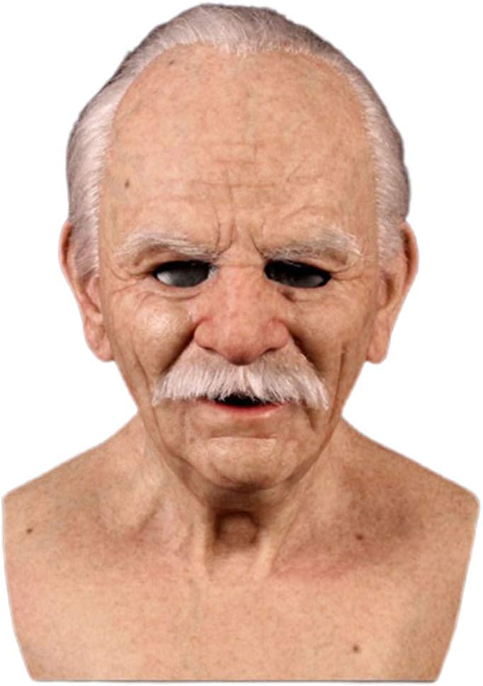 QoFina Halloween latex full mask, old man mask realistic human pleated head mask, old man face covering, for masquerade silicone halloween mask,White Beard,M