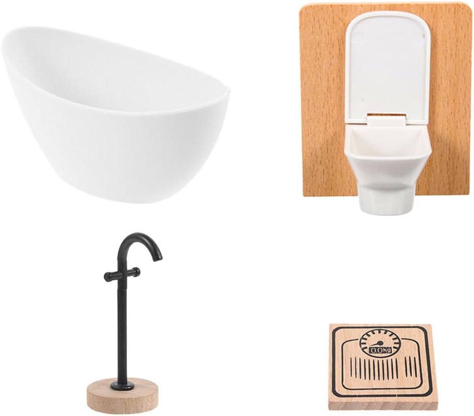 Healifty 4 Pieces 1:12 Dollhouse Bathroom Decors Set Bathtub, Floor Faucet, Mini Scale, Toilet Doll Miniature Bathroom Furniture Accessories Mini Shower Room Adornments for Ages 3+