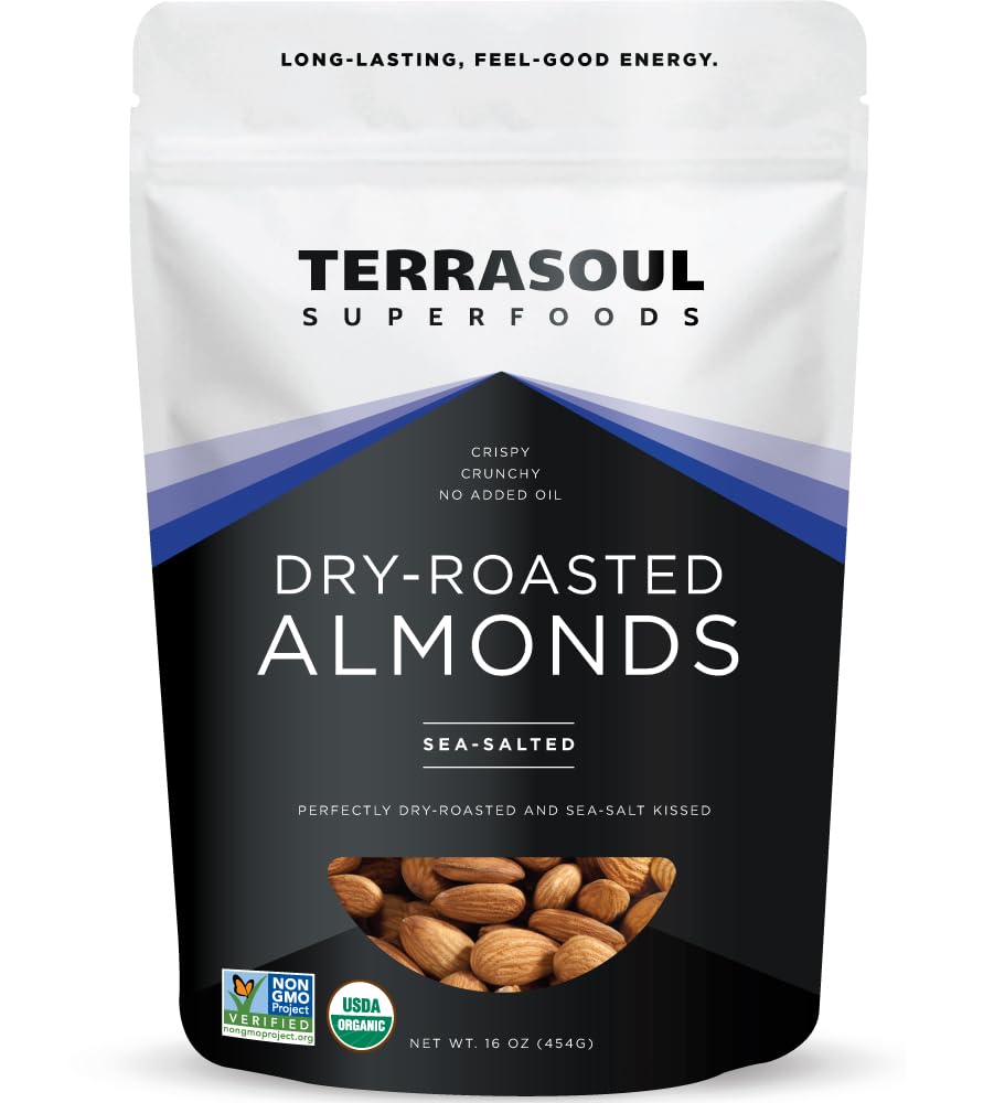Terrasoul Superfoods Organic Dry-Roasted & Lightly Salted Almonds, 16oz Resealable Pouch - Perfect for Snacking, Baking, and On-the-Go Fuel