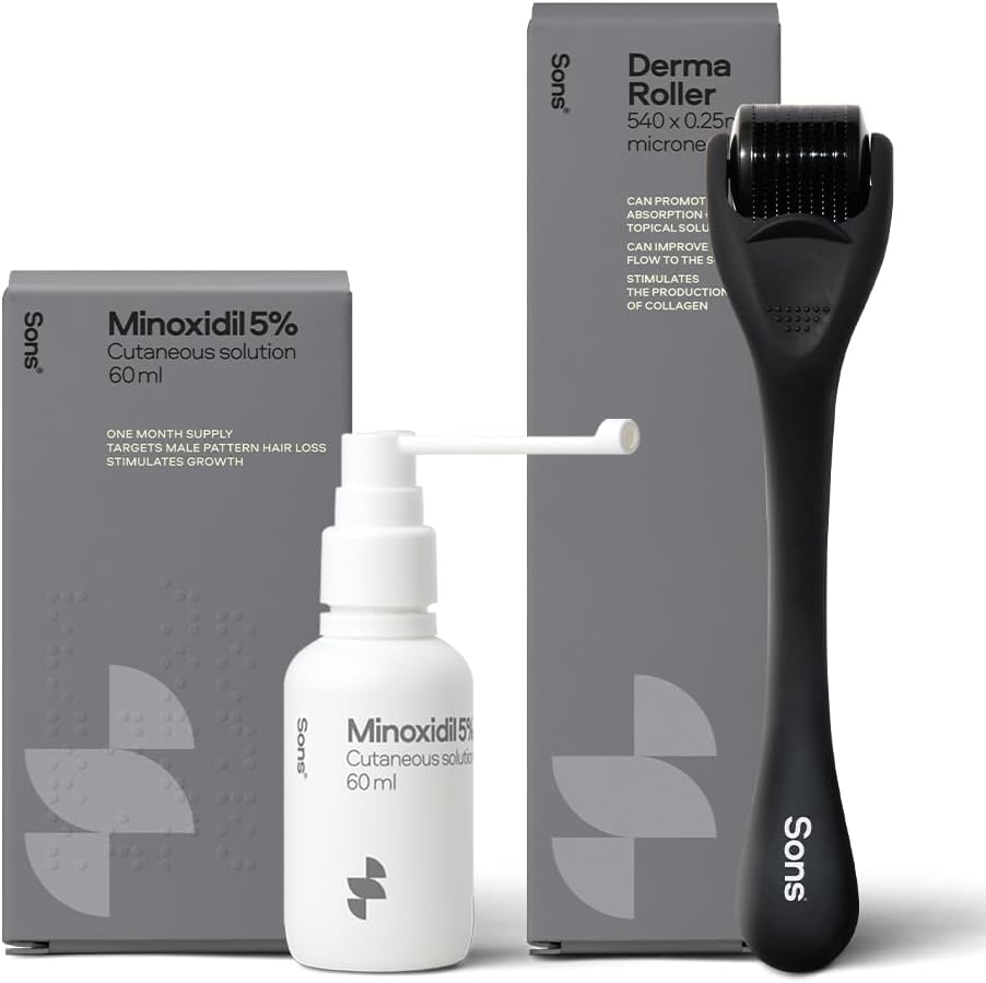 Sons Minoxidil 5% Spray (1x60ml) & 0.25mm Dermaroller for Men, Clinically Proven Hair Regrowth Formula, Hair Loss Treatment, Stimulates Follicles, Precise Applicator, Microneedling Boosts Absorption