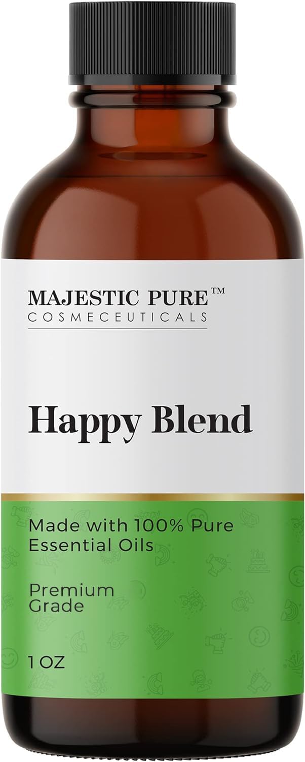 Majestic Pure Happy Essential Oil Blend | 100% Pure Premium Grade Oil Blend for Positivity, Stress Relief | Grapefruit, Patchouli, Lemon Essential Oil for Diffusers & Aromatherapy | 1oz