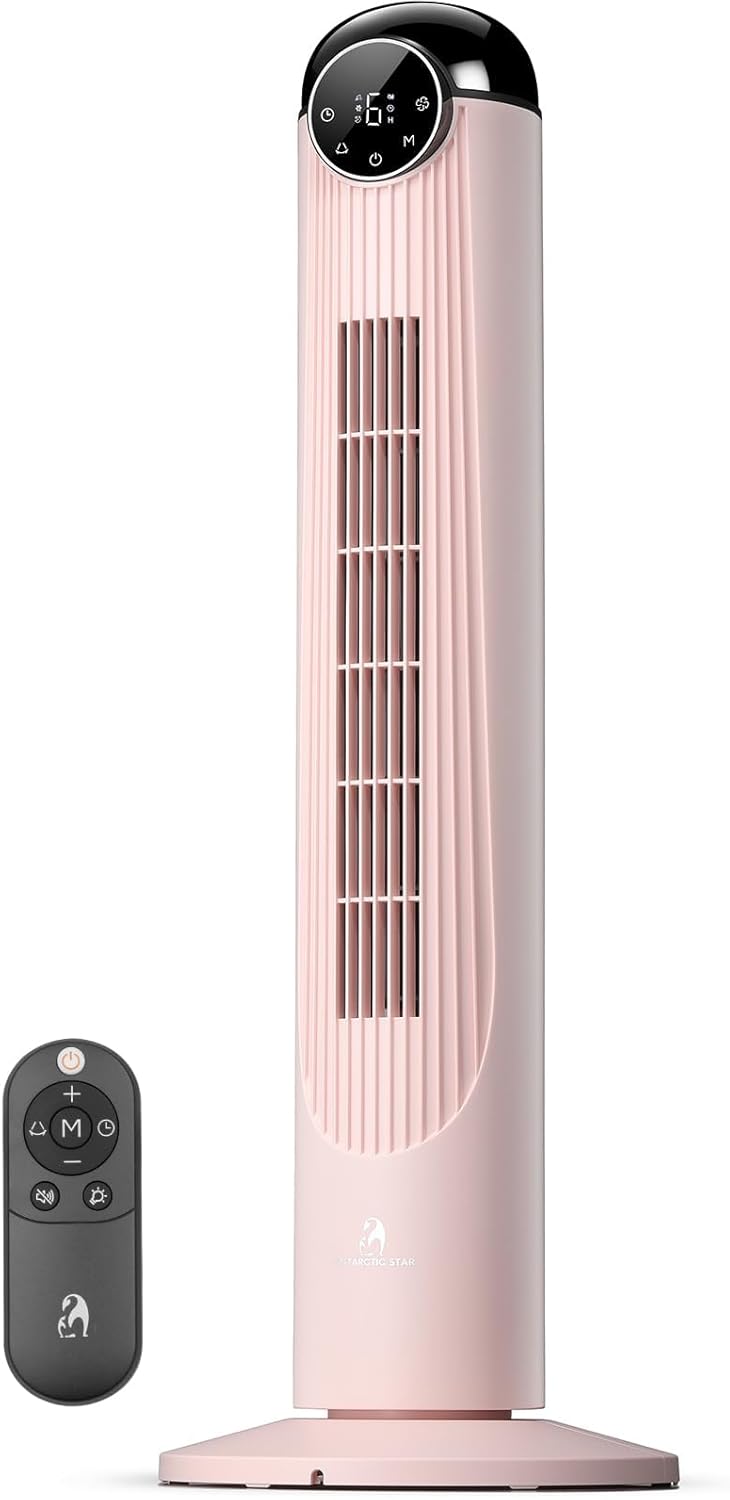 Antarctic Star Tower Fan for Bedroom 35 Inch, Bladeless Floor Standing Fan with Remote, 6 Speeds & 4 Modes, LED Display,9H Timer, Quiet Oscillating Fan,PINK
