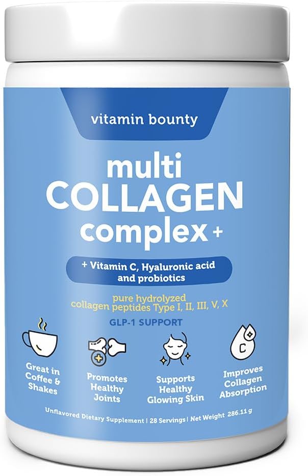 Vitamin Bounty Multi Collagen Complex Plus - 5 Types of Hydrolyzed Collagen Peptides for Women & Men w/Vitamin C, Hyaluronic Acid & Probiotics | Supports Skin, Hair, Joints & Gut Health | 28 Servings
