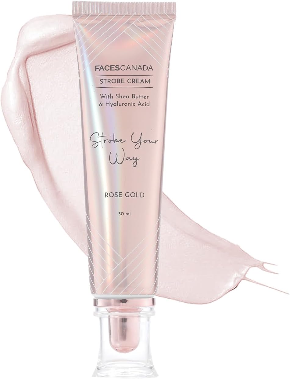 FACESCANADA Strobe Cream - Rose Gold, 30Ml Primer + Highlighter + Moisturizer Shea Butter & Hyaluronic Acid Intense Hydration Flawless Radiant Dewy Skin Illuminating & Glowing Makeup Base