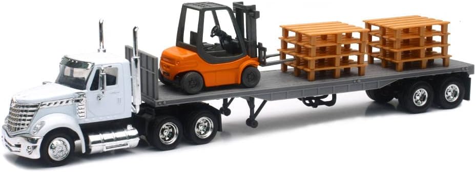 New-Ray 16643 Newray 1: 43 Long Haul Trucker - International Lonestar Flatbed with Forklift & Pallets, White,unisex-children