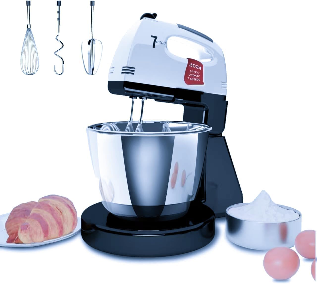 Stand Mixers, 7 Speeds With 3QT Stainless Steel Bowl, Stand and Hand Mixer with Dough Hook, Whisk, Mixing Beater for Baking, Cake, Cookie, Kneading (GT2)