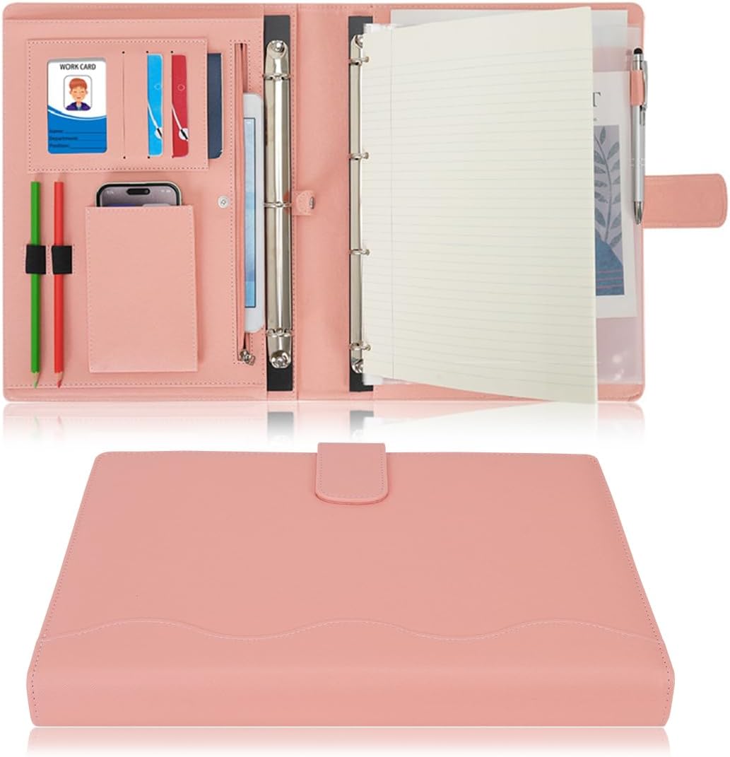 Wonderpool A4 PU Leather 4 Ring Holder Writing Portfolio Multi Document Case with Removable Binder Clipboard and Functional Pocket for Organizer Office Travel School (Pink)
