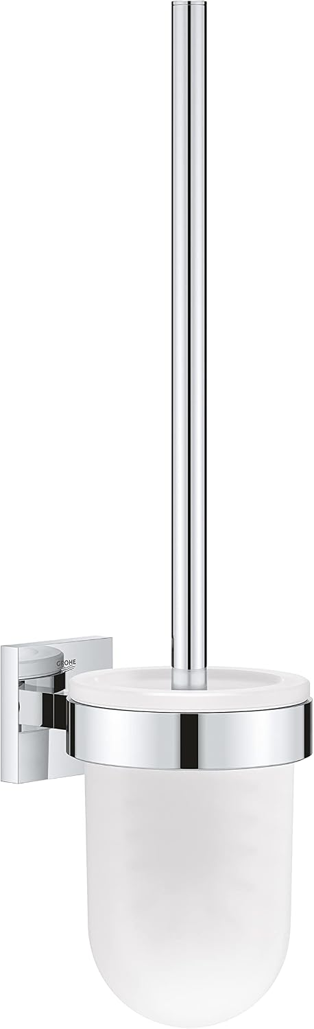 GROHE Start Cube Toilet Brush Set (Material: Glass & Metal, Wall Mounted, Durable Sparkling Sheen, Including Screws and Dowels), Size 399 mm, Extra Easy to Fit with GROHE QuickGlue, Chrome, 40977000
