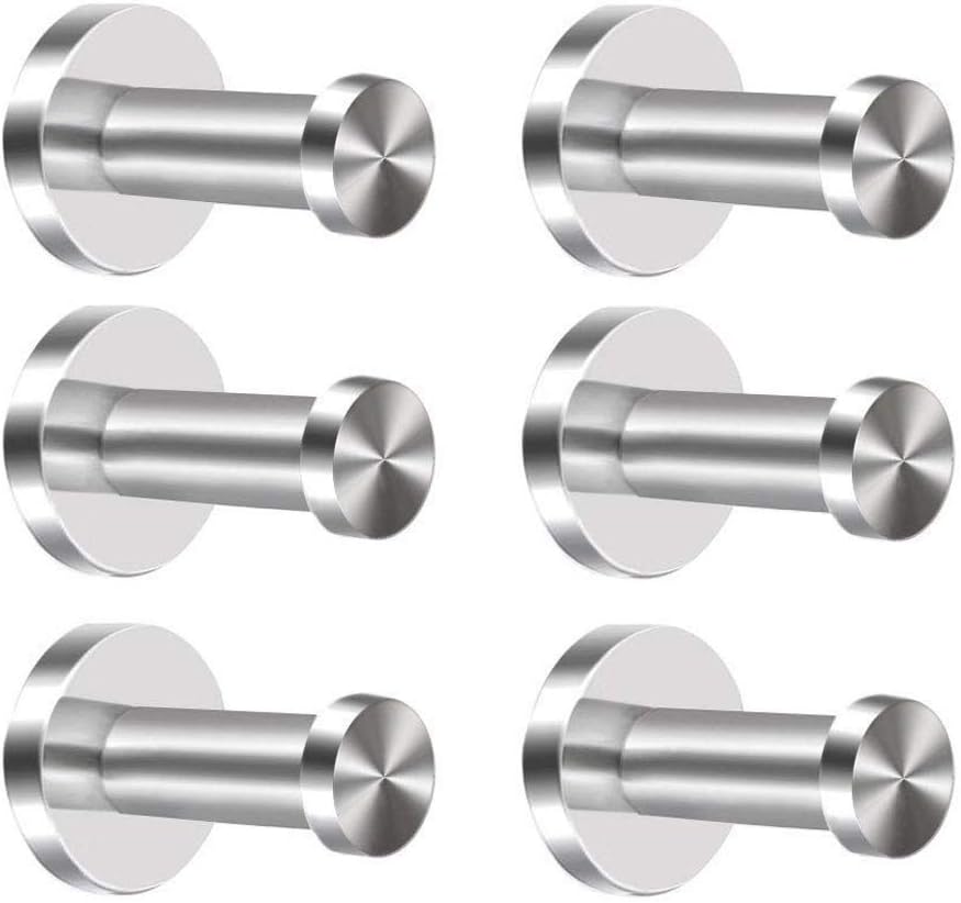 KINDPMA Robe Hook 6pcs 304 Stainless Steel Coat Hooks Wall-Mount Door Hooks Chrome Cylinder Towel Hook Heavy Duty Brushed Nickel Dressing Gown Hooks for Doors Bathroom Lavatory Closets(2inch/5cm)