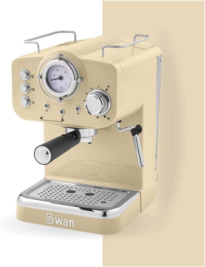 Swan SK22110CN Retro Espresso Coffee Machine with Milk Frother, Steam Pressure Control, 1.2L Detachable Water Tank, 1100W, Retro Cream