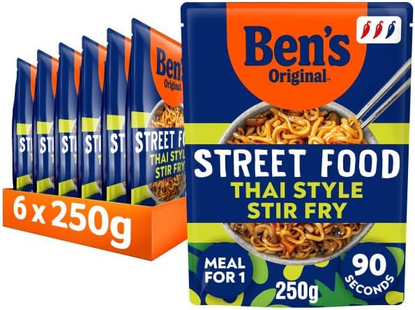 Ben's Original Street Food Thai Stir Fry ready in 90 seconds Noodles Ready Meal serves 1 multipack 6x 250g