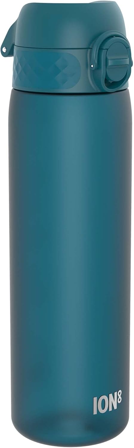Ion8 Water Bottle, 500 ml/18 oz, Leak Proof, Easy to Open, Secure Lock, Dishwasher Safe, BPA Free, Hygienic Flip Cover, Carry Handle, Fits Cup Holders, Easy Clean, Carbon Neutral, Deep Teal