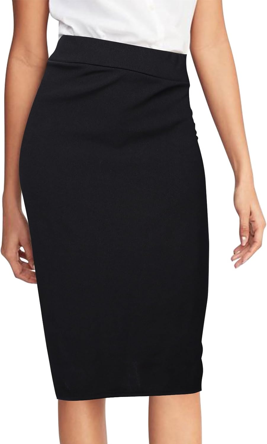 Black Pencil Skirt - High Waisted, Stretchy, Midi Length for Women - Elasticated Waist