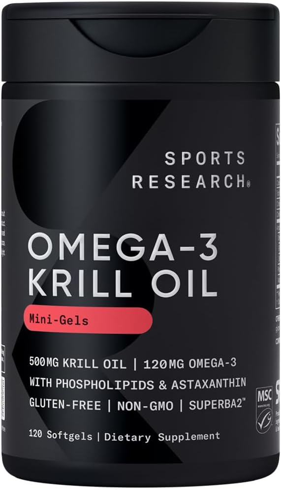 Sports Research Krill Oil Supplement with EPA & DHA Omega 3, Phospholipids & Astaxanthin from Antarctic Krill - Highest Concentration of Krill Oil for Men & Women - 500mg, 120 Softgel Capsules