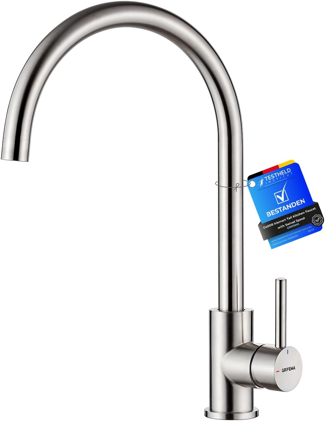 GRIFEMA G4008 Kitchen Sink Taps Mixer with Single Lever High Arc 360°Swivel, Stainless Steel Kitchen Mixer Taps 1 hole with Chrome Finish, Classic Design[Energy Class A+]