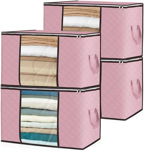 6 Pack Soft Pink Extra Large Strong Clothes Storage Bags Foldable Storage Box Moving Bags with Carry Handles