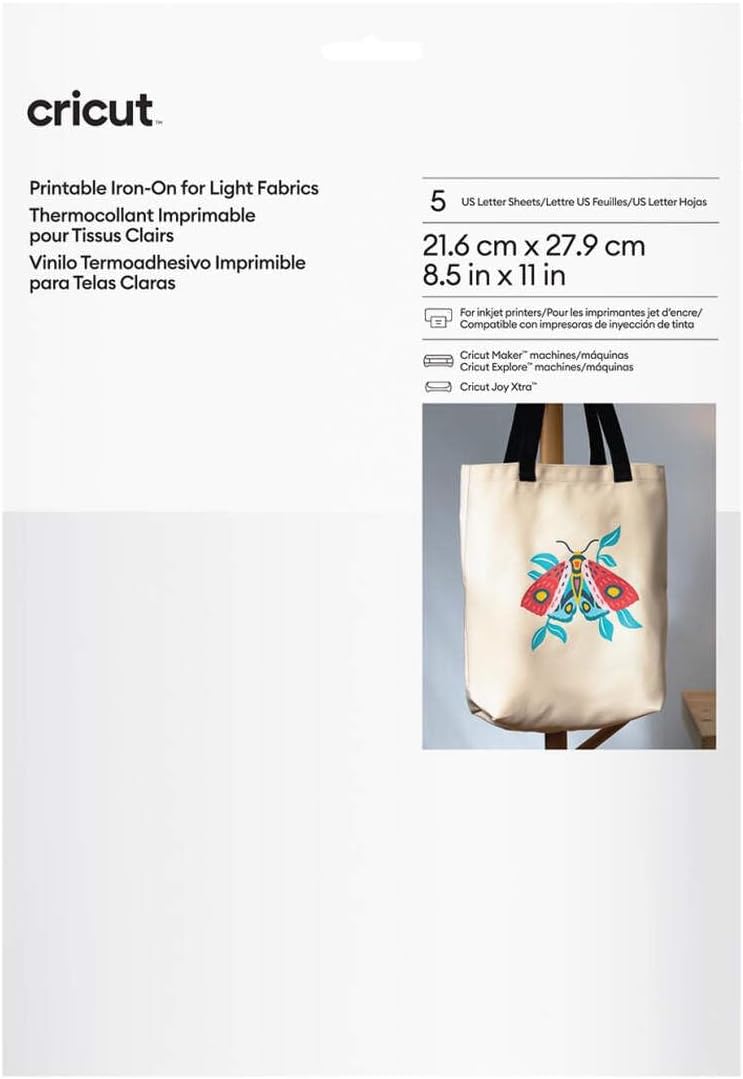 Cricut Printable Iron On for Light Fabrics - US Letter Size, (5ct), Printable HTV Vinyl for Inkjet Printer, Compatible with Cricut Maker, Expression, and Cricut Joy Xtra Machines
